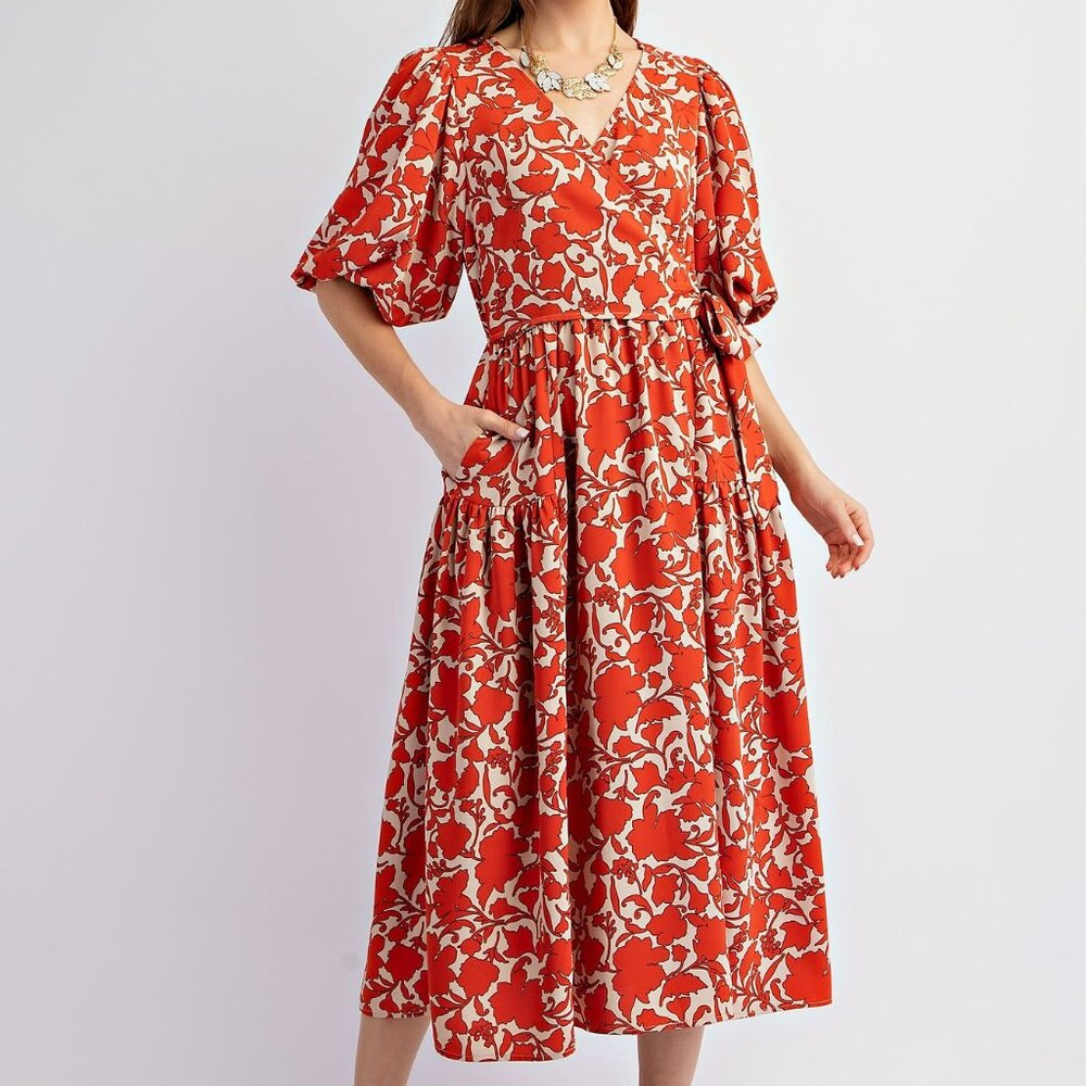 NEW Easel Floral Printed Sophia Twill Surplus Midi Dress In Cinnamon Dough